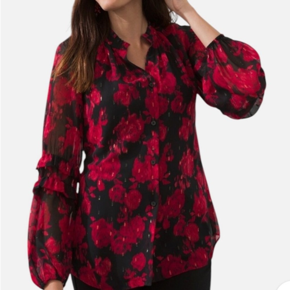Chico's Sz 2 Red and Black Floral Sheer Blouse